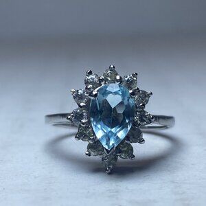 ND 925 Sterling Silver Blue Topaz Halo Ring Natural Blue Pear Ring Women